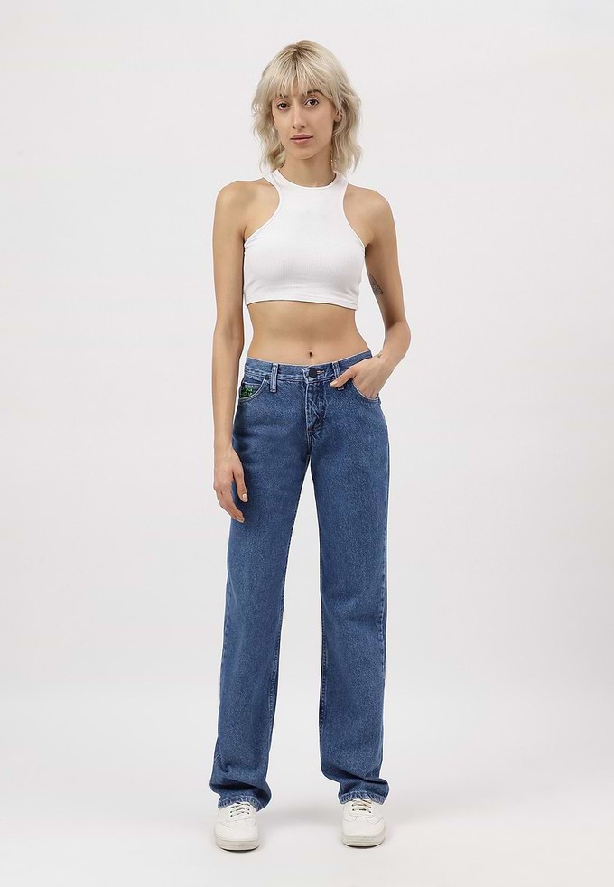 Re.Street Rebel | Mittelindigoblaue, mittelhohe, lange, gerade Jeans from Un Denim