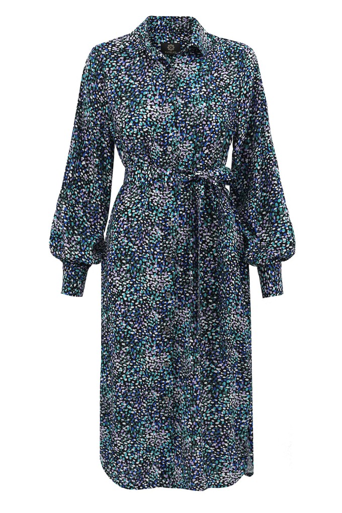 Belted Shirt Dress Midi - Blue Green Dotted from Urbankissed