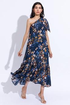 Floral Maxi Dress One-Shoulder - Dark Blue via Urbankissed