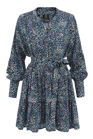 Belted Mini Flare Dress Longsleeve - Dotted Blue Green from Urbankissed