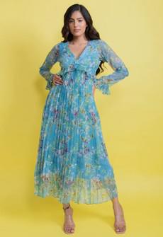 Chiffon Floral Pleated Maxi Dress - Blue via Urbankissed