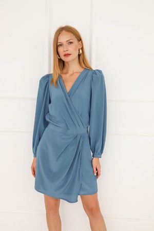 Cocktail Mini Dress Long Puff Sleeves- Blue from Urbankissed