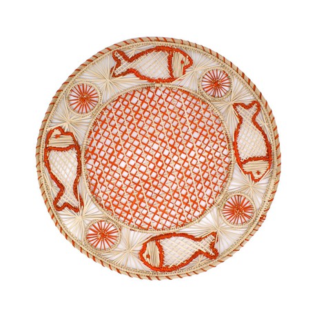 Round Placemats Natural Straw Woven Red & Fish (Set x 4) from Urbankissed