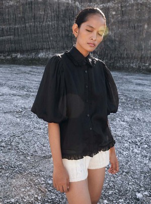 Ruffle Short Sleeve Blouse - Black Puff Sleeve from Urbankissed