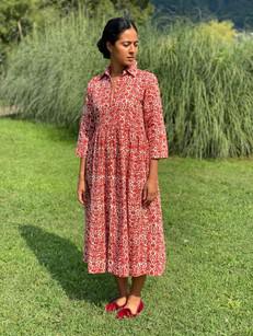 Floral Midi Dress Collar Neck - Red via Urbankissed