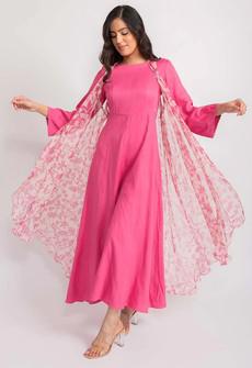 Silk Jumpsuit & Chiffon Floral Cape Set - Pink via Urbankissed