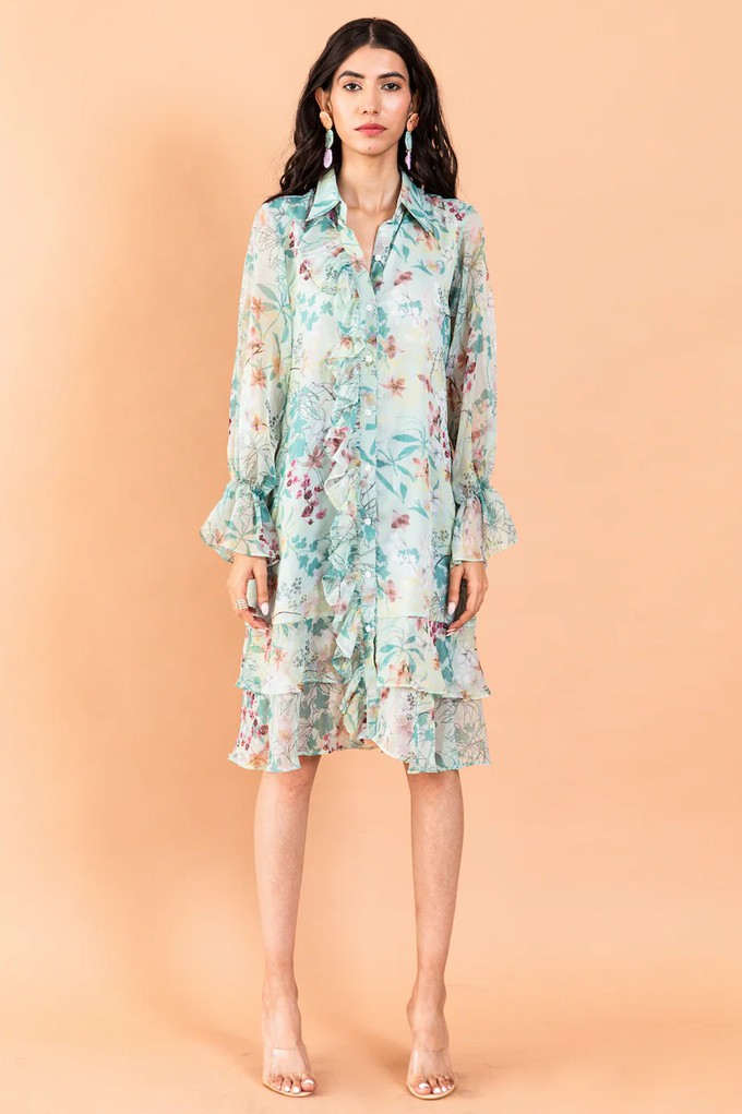 Floral Chiffon Shirt Dress Ruffle Details - Pale Blue/Green from Urbankissed