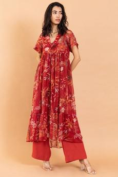 Chiffon Floral Floor Length Shirt & Pants - Red via Urbankissed