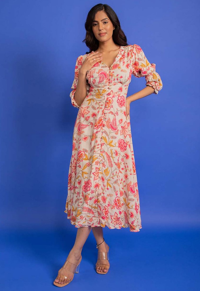 Floral Button-Down Midi Dress - Soft Red from Urbankissed