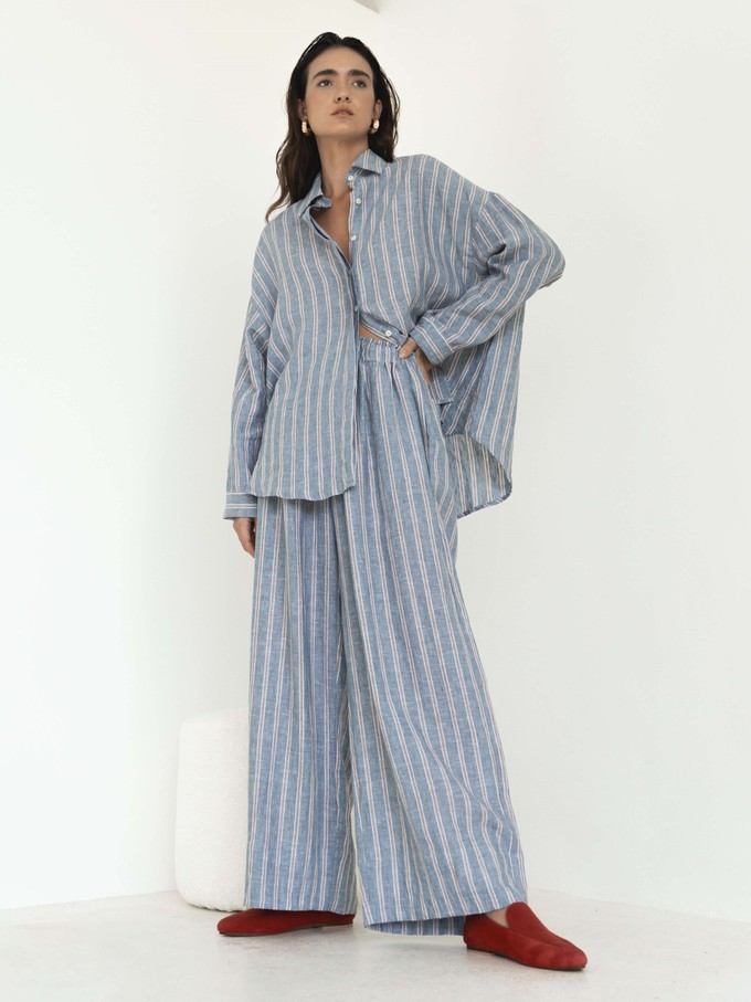 Wide Leg Linen Pants in Blue & Red Stripe from Urbankissed
