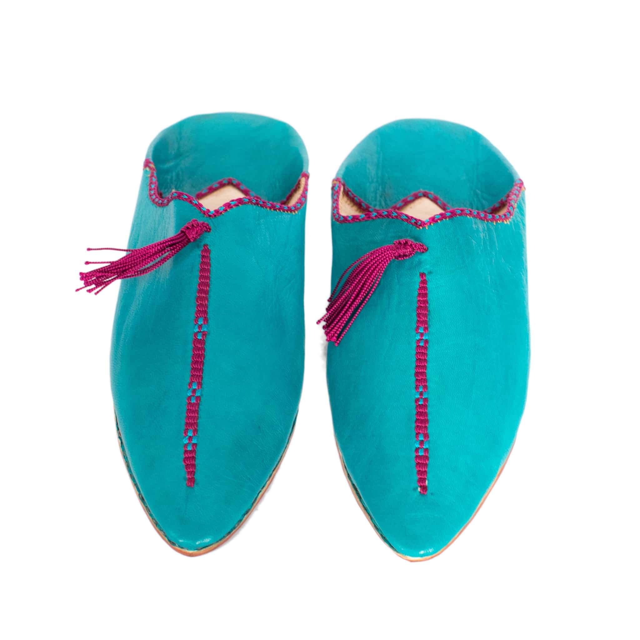 Hard Sole Babouche Leather Slippers in Turquoise, Purple from Abury Hard Sole Babouche Leather Slippers in Turquoise, Purple from Abury